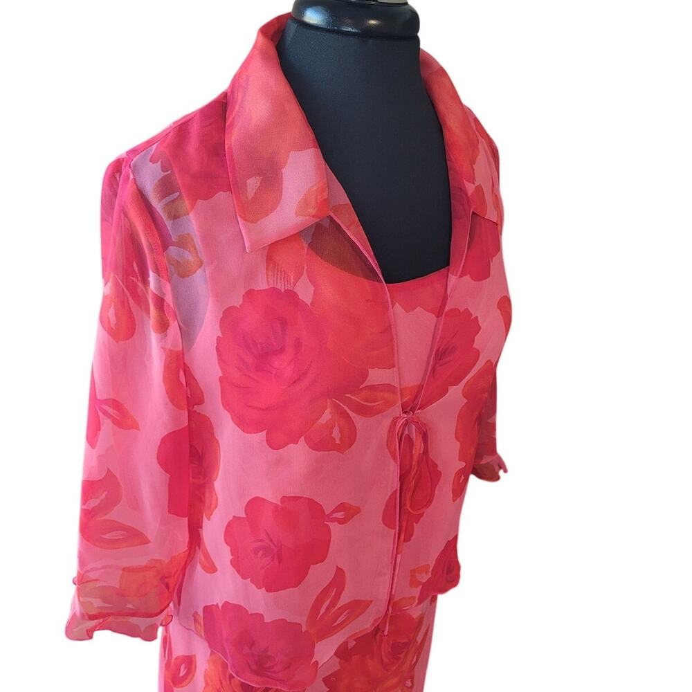 VTG Floral Chiffon Midi Dress Set 14 Cottagecore Romantic Plus Size EUC
